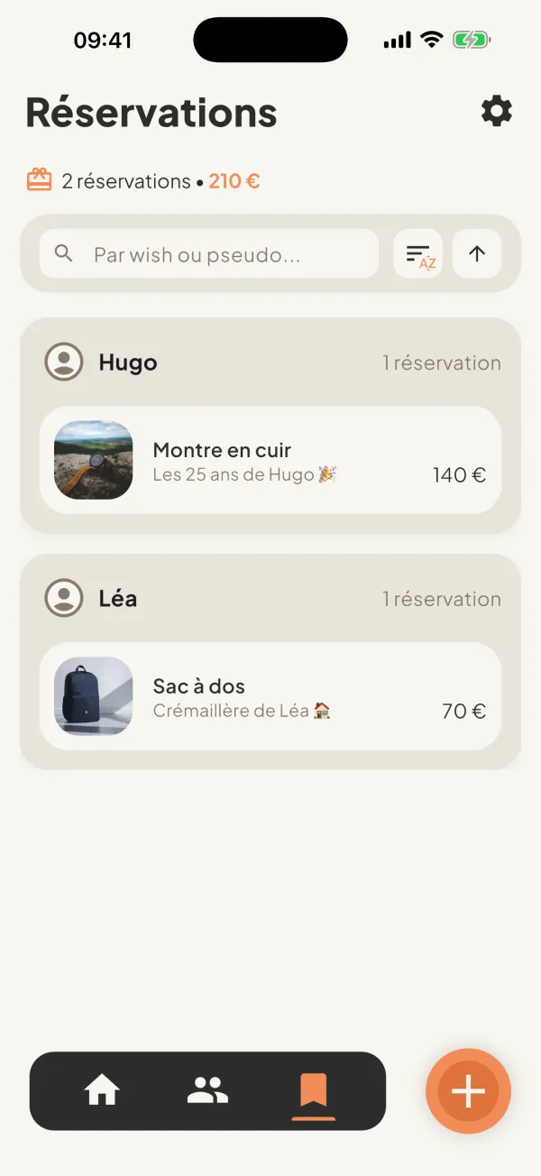 L'écran Réservations : un cadeau pour Hugo, un pour Léa, 210 € au total.