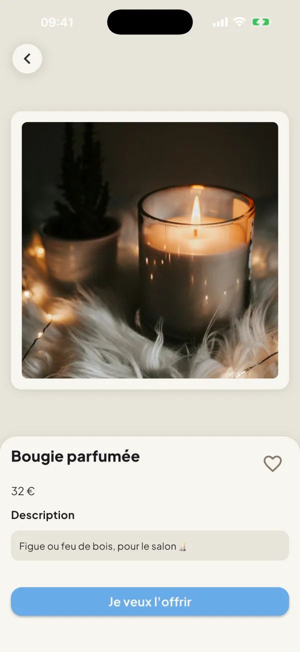 Un wish de Léa vu par un ami : une bougie parfumée à 32 €, avec le bouton Je veux l'offrir.