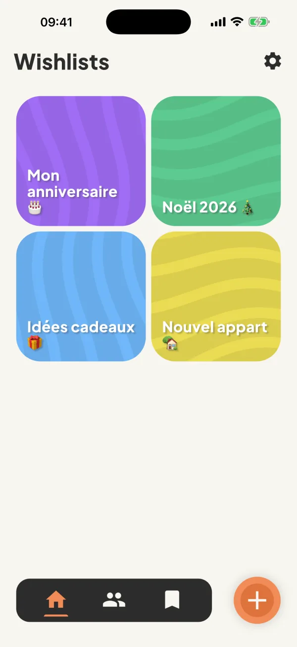 L'écran Wishlists de l'app, avec quatre listes : Mon anniversaire, Noël 2026, Idées cadeaux, Nouvel appart.