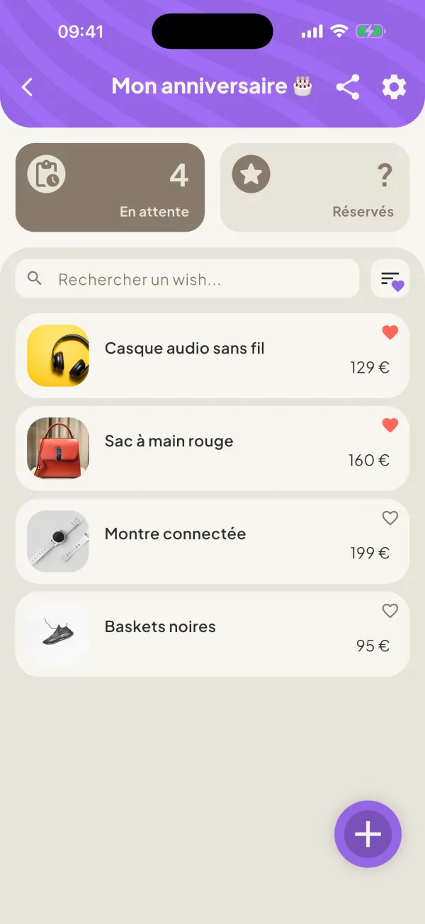 La liste Mon anniversaire : casque audio, sac à main, montre connectée, baskets, avec leurs prix.